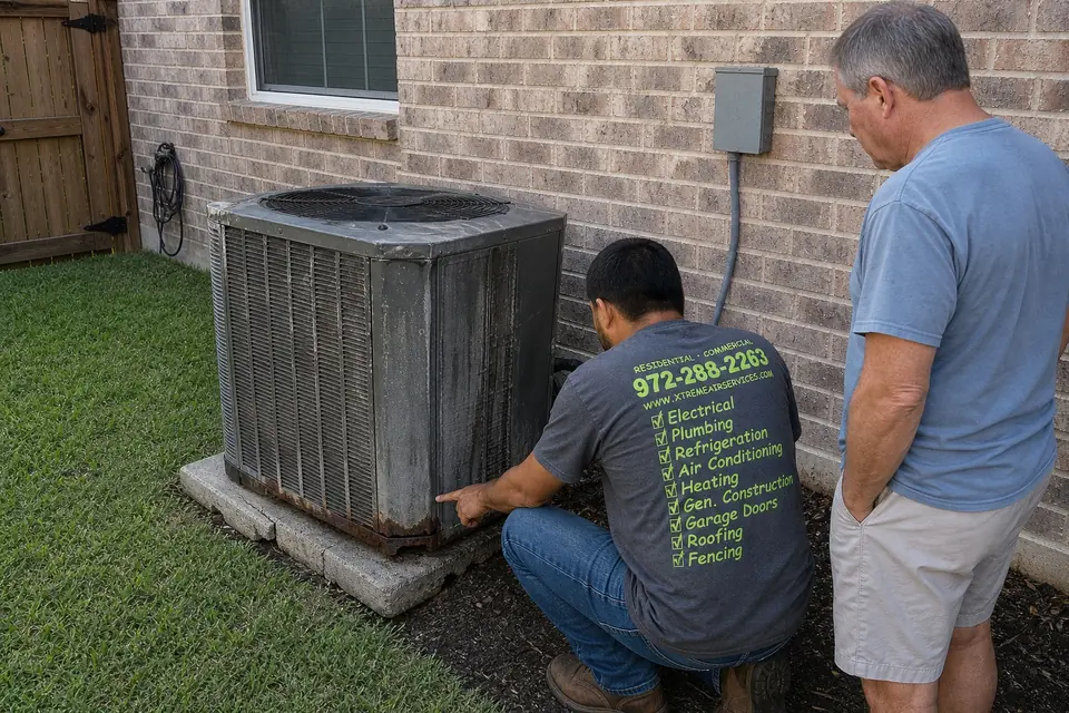 Signs Your Air Conditioner Is Nearing the End of Its Life, Sunnyvale, TX Technician inspecting a rusted, aging AC condenser with the homeowner, Sunnyvale, TX