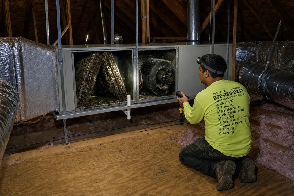 Mold on the evaporator coil, Sunnyvale, TX Xtreme Air Services technician inspecting mold on an attic evaporator coil, the problem a UV air purifier prevents, Sunnyvale, TX