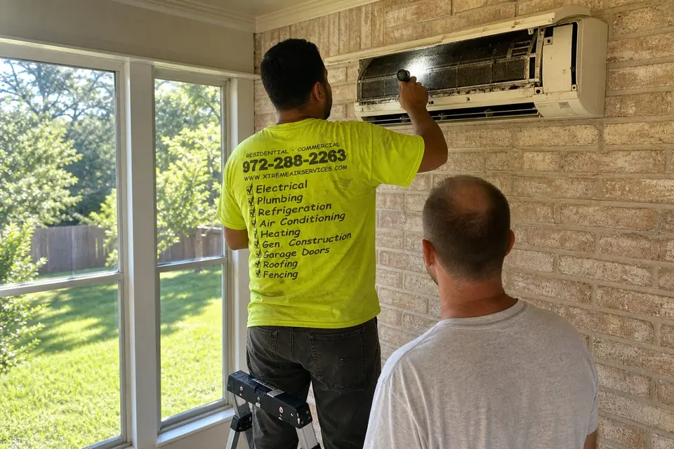 Mini-split repair or replace, Sunnyvale, TX Xtreme Air Services technician inspecting the dirty coil of an older ductless mini-split indoor unit while the homeowner watches, Sunnyvale, TX
