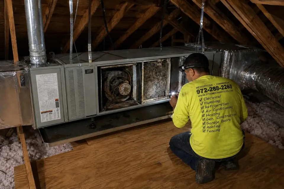 Signs your air handler is failing, Sunnyvale, TX Xtreme Air Services technician inspecting the grimy blower and dirty coil of an old, neglected attic air handler, Sunnyvale, TX