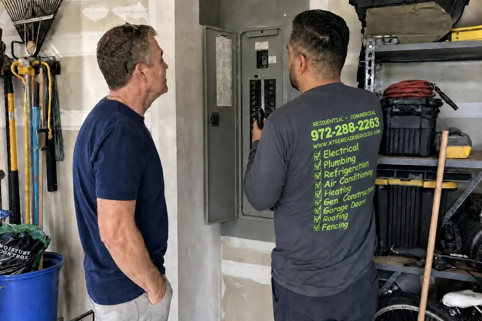 Panel assessment for a generator hookup, Sunnyvale, TX Xtreme Air Services technician inspecting a home's main panel with a flashlight before a portable generator hookup, Sunnyvale, TX