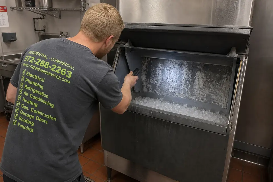 Signs Your Business Needs a New Ice Machine Installed, Sunnyvale, TX Technician inspecting the ice bin of a commercial ice machine, Sunnyvale, TX