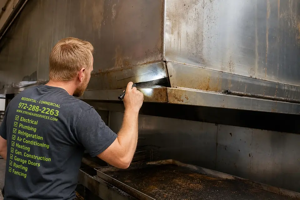 Signs a Commercial Kitchen Needs a New Exhaust Hood, Sunnyvale, TX Technician inspecting the inside of a commercial kitchen exhaust hood, Sunnyvale, TX