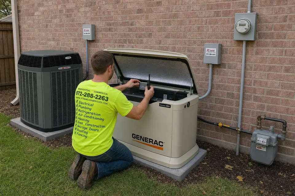 Xtreme Air Services technician fitting a remote monitoring module to a Generac standby generator in Sunnyvale, TX