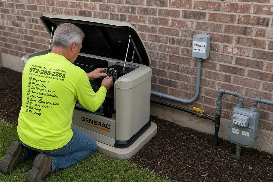 Generator monitoring setup, Sunnyvale, TX Xtreme Air Services technician installing a Wi-Fi monitoring module in a Generac standby generator in Sunnyvale, TX