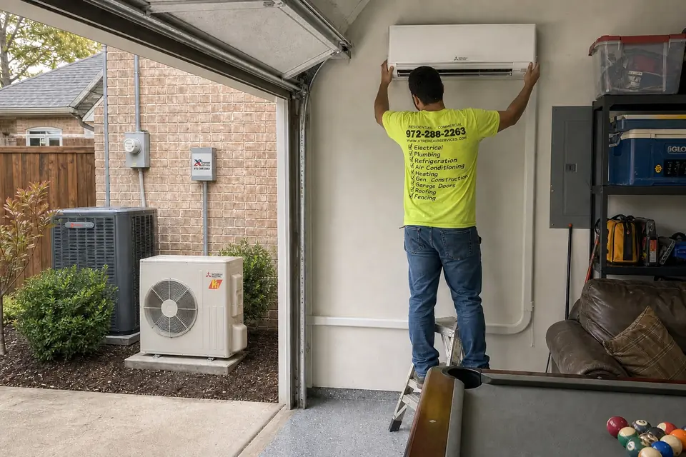 Signs your home needs a mini-split, Sunnyvale, TX Xtreme Air Services technician mounting a ductless mini-split indoor unit in a garage converted to a man cave, Sunnyvale, TX