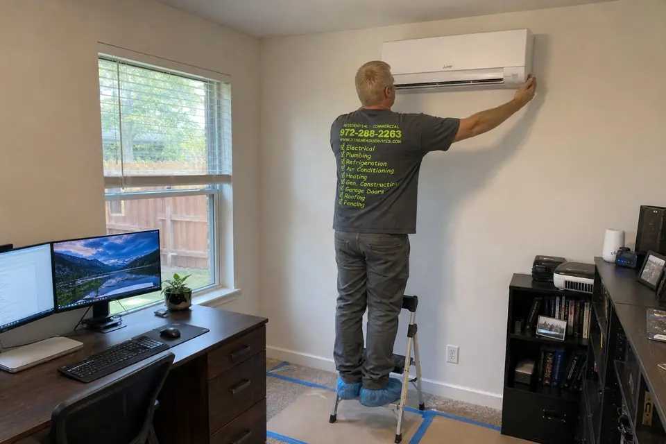 When a mini-split beats a full install, Sunnyvale, TX Xtreme Air Services technician mounting a ductless mini-split head in a home office, a single-room alternative to whole-house AC, Sunnyvale, TX