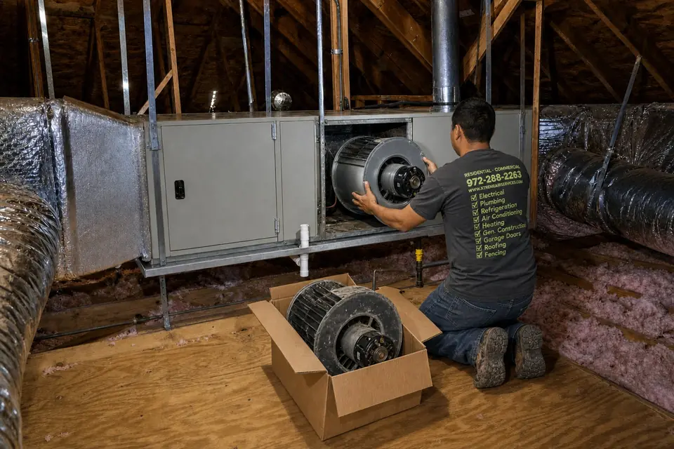 Blower motor replacement in an attic furnace, Sunnyvale, TX Xtreme Air Services technician installing a new blower assembly in an attic furnace, old blower in the box, Sunnyvale, TX