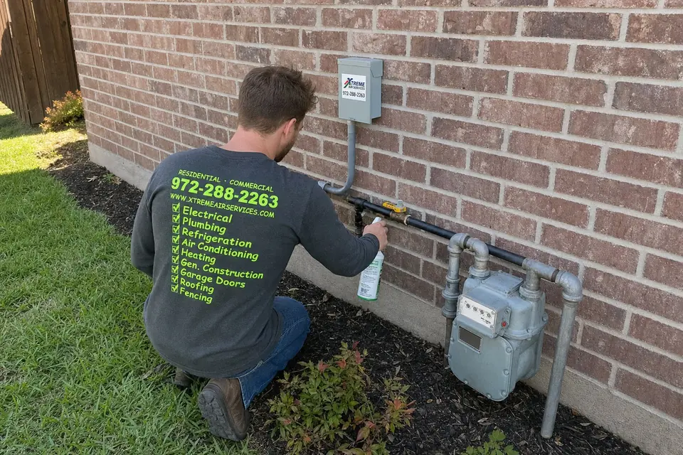 Xtreme Air Services technician leak-checking existing gas piping at the meter before a standby generator install, Sunnyvale, TX