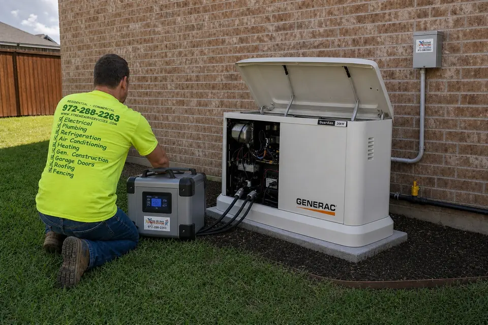 Xtreme Air Services technician running a load bank test on a Generac standby generator in Sunnyvale, TX