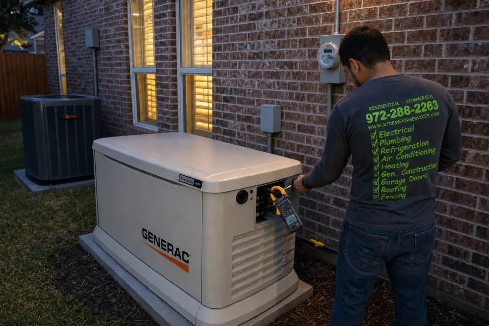 Confirming a generator carries the load, Sunnyvale, TX Xtreme Air Services technician load testing a running Generac standby generator at dusk with the house lights on, Sunnyvale, TX