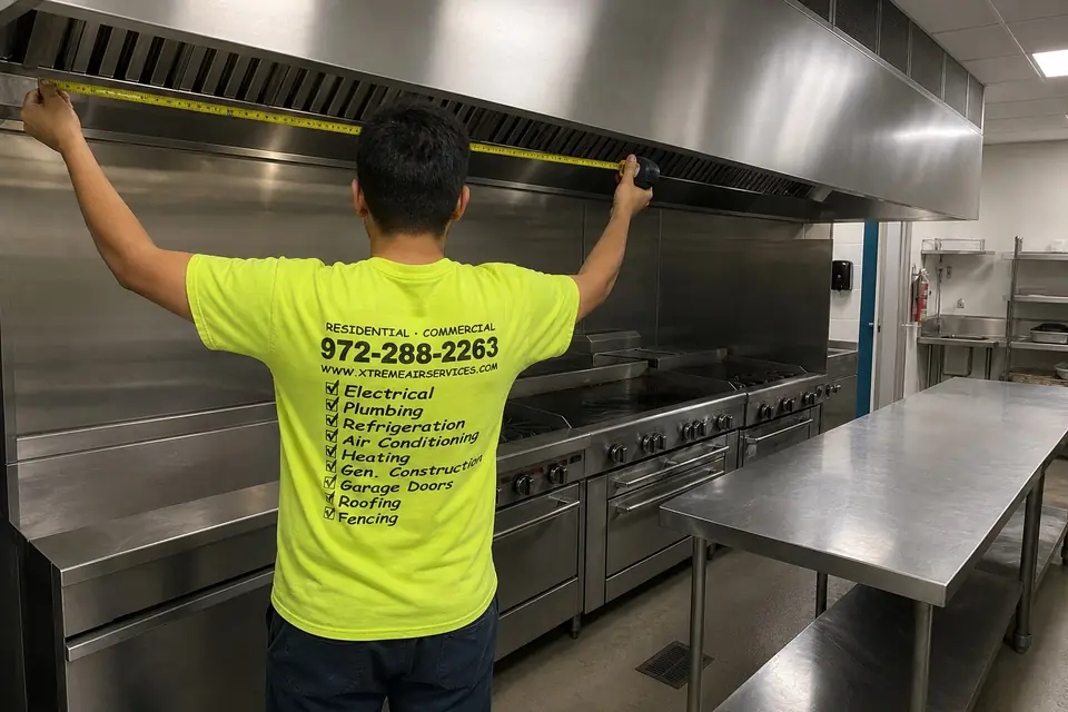 What Happens During a Ventilation Install and Inspection in Sunnyvale, Sunnyvale, TX Technician measuring a commercial kitchen exhaust hood before an upgrade, Sunnyvale, TX