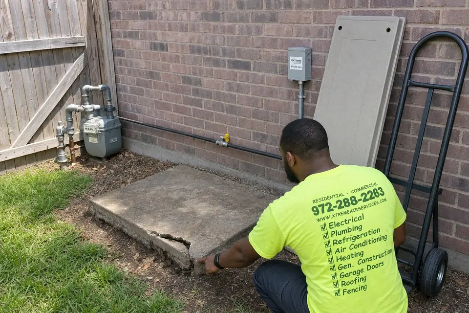 Xtreme Air Services technician pointing to a cracked, settled generator pad that needs replacing at a Sunnyvale, TX home