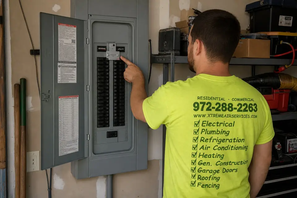 Generator interlock kit on the main panel, Sunnyvale, TX Xtreme Air Services technician pointing to a generator interlock plate between the main and generator breakers in Sunnyvale, TX