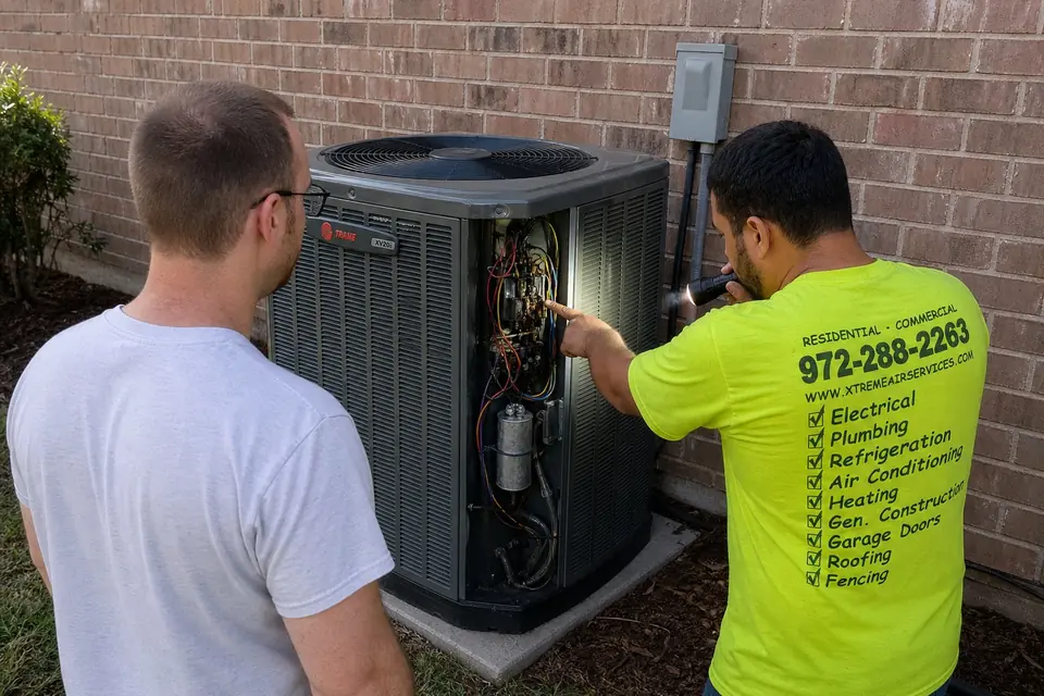 Signs your HVAC problem can't wait, Sunnyvale, TX Xtreme Air Services technician pointing out a burned, corroded contactor inside an AC unit to a homeowner during an emergency HVAC call, Sunnyvale, TX