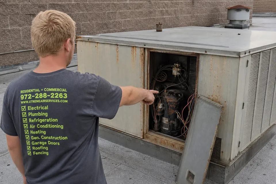 Recognizing When a Commercial System Has Reached End of Life, Sunnyvale, TX Technician pointing out worn wiring inside an aging commercial rooftop unit, Sunnyvale, TX