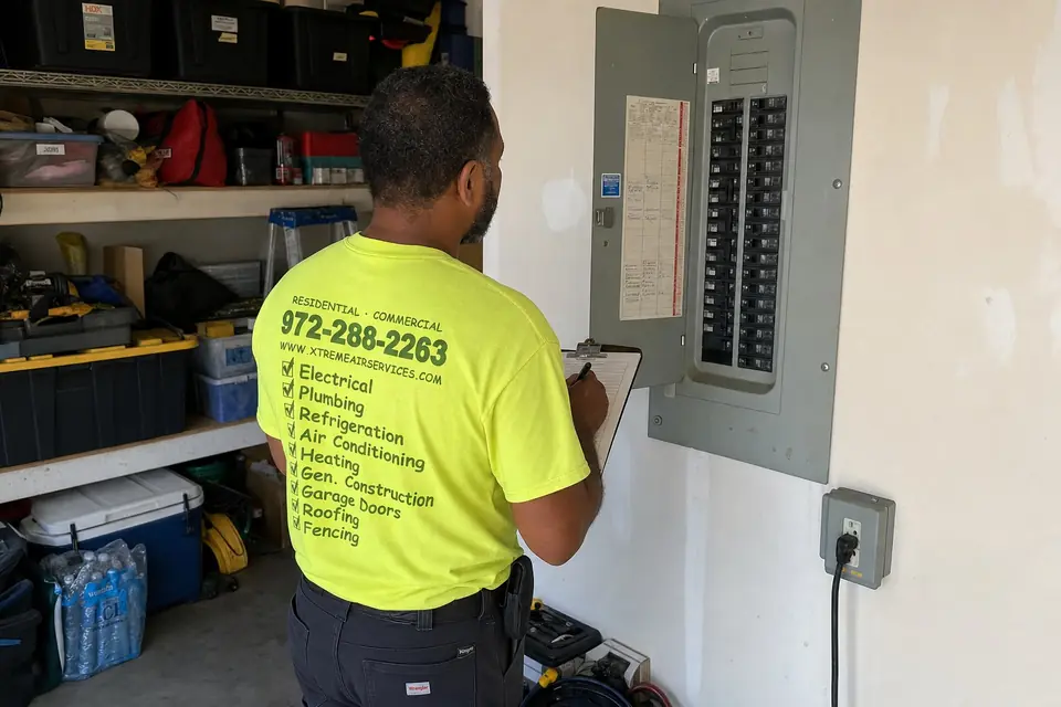 Generator sizing starts at the panel, Sunnyvale, TX Xtreme Air Services technician reading a home's breaker labels in the garage to size a standby generator, Sunnyvale, TX