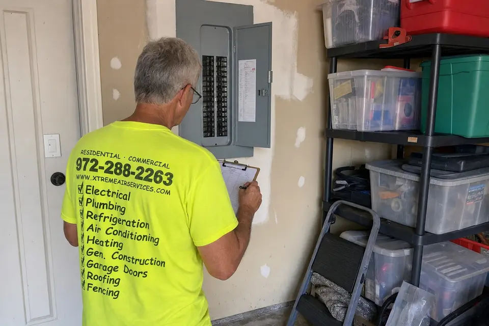 Xtreme Air Services technician writing down load figures at a home's main breaker panel in a Sunnyvale, TX garage