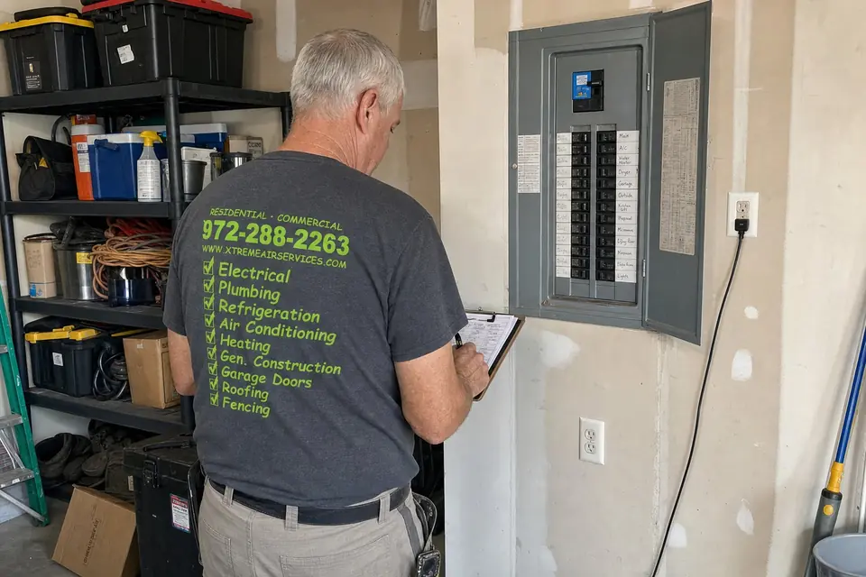 Generator sizing visit at the main panel, Sunnyvale, TX Xtreme Air Services technician recording breaker loads at a home's main panel for generator sizing in Sunnyvale, TX
