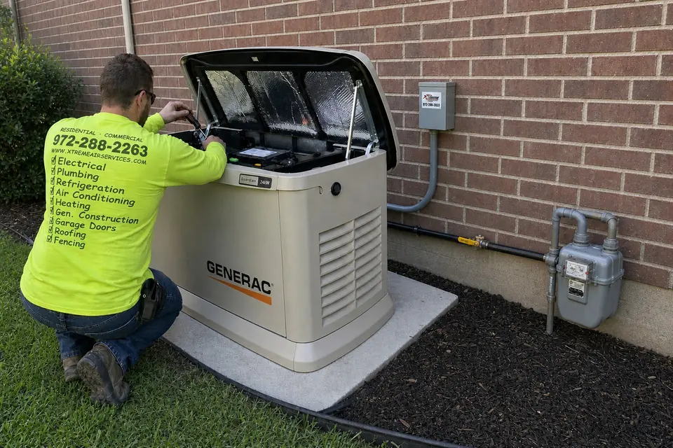When generator repair makes sense, Sunnyvale, TX Xtreme Air Services technician repairing a part inside a Generac standby generator instead of replacing it, Sunnyvale, TX