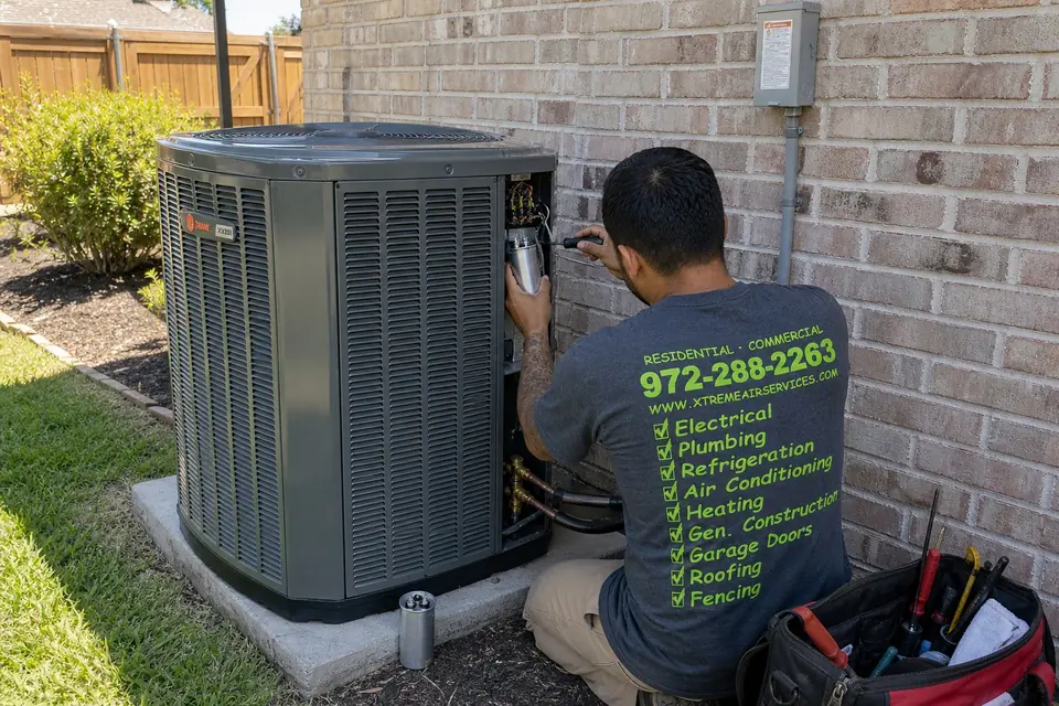 Xtreme Air Services technician fitting a new run capacitor behind the corner service panel of a Trane air conditioner, Sunnyvale, TX