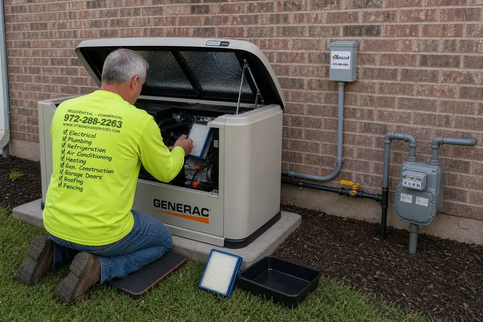 Xtreme Air Services technician replacing the air filter on a Generac standby generator during maintenance in Sunnyvale, TX