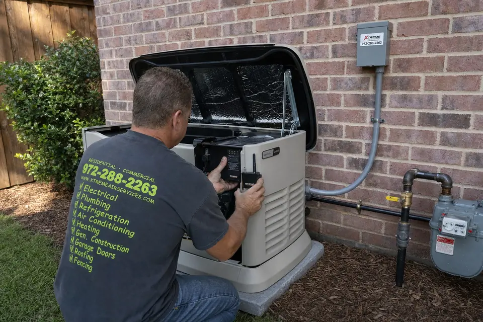 Replacing a generator monitoring module, Sunnyvale, TX Xtreme Air Services technician fitting a new monitoring module to a standby generator's control panel, Sunnyvale, TX