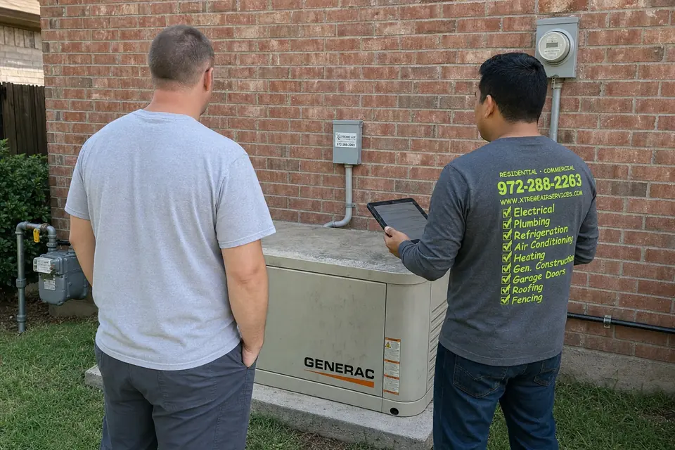Xtreme Air Services technician walking a homeowner through repair versus replacement of an older standby generator in Sunnyvale, TX