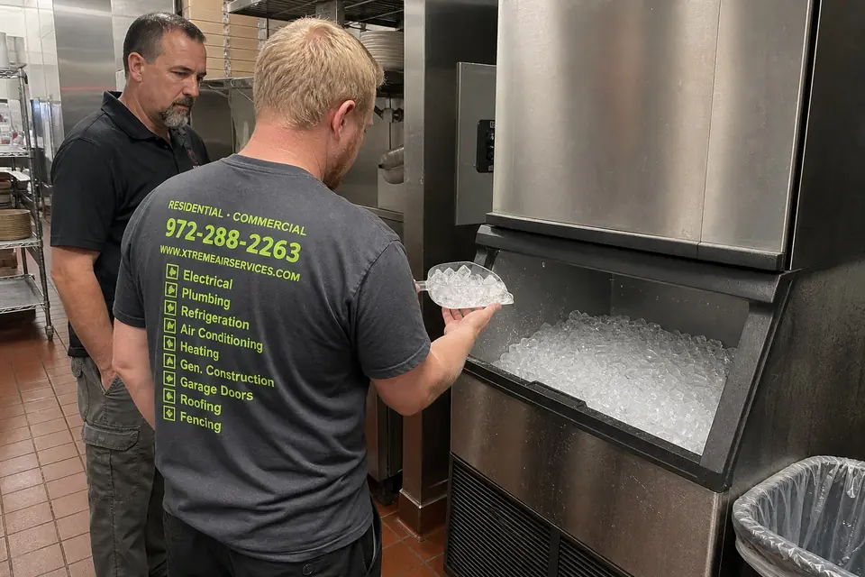 How the Fix Gets Verified Before the Technician Leaves, Sunnyvale, TX Technician showing a restaurant owner the ice from a repaired ice machine, Sunnyvale, TX