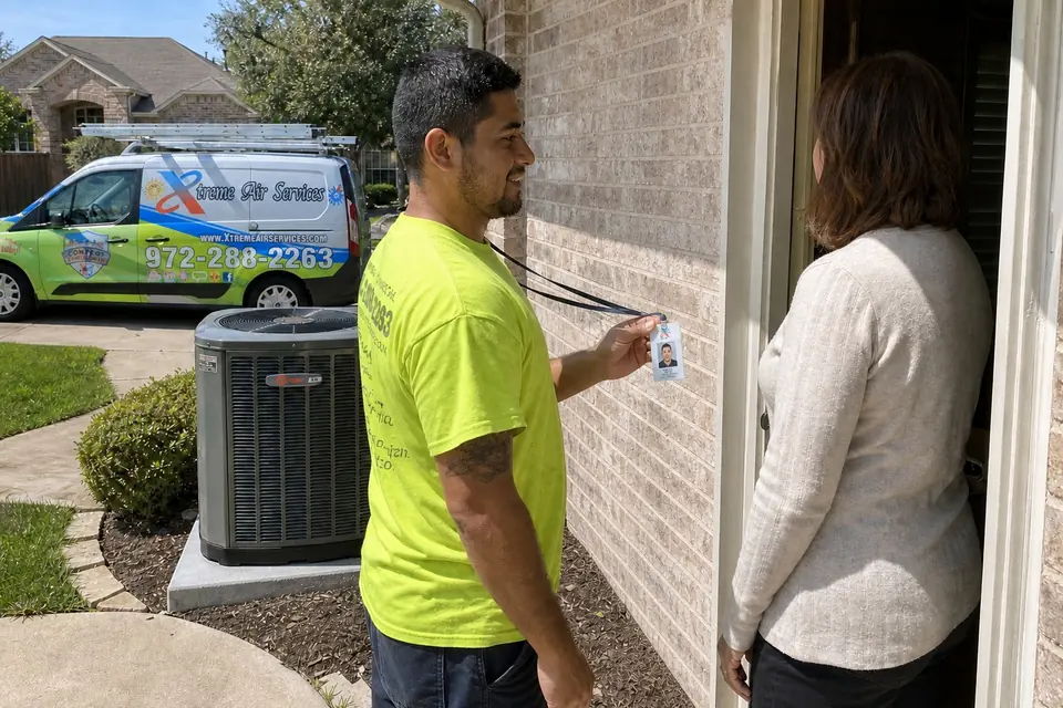 Xtreme Air Services technician showing his company photo ID to a homeowner at the front door, company van in the driveway, Sunnyvale, TX