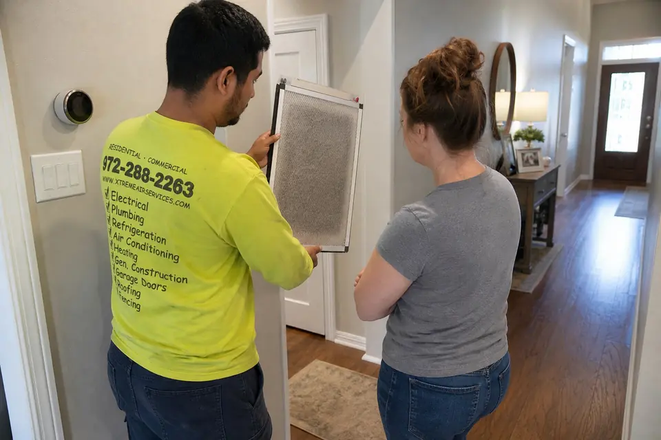 Xtreme Air Services technician showing a homeowner a dirty Clean Air Defense AirRanger air cleaner panel - sometimes the fix is simple, Sunnyvale, TX