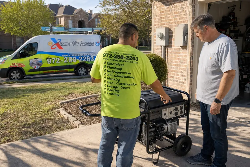 When a portable generator is enough, Sunnyvale, TX Xtreme Air Services technician showing a homeowner a portable generator in the driveway, company van at the curb, Sunnyvale, TX