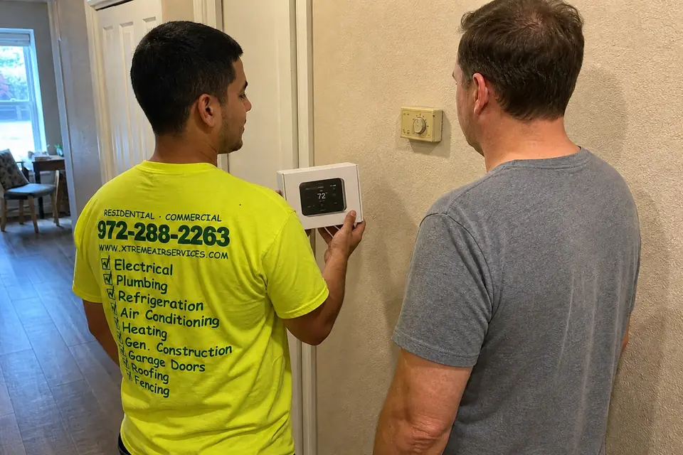 When it's not an HVAC emergency, Sunnyvale, TX Xtreme Air Services technician showing a homeowner a new smart thermostat in its box beside an old dial thermostat, Sunnyvale, TX