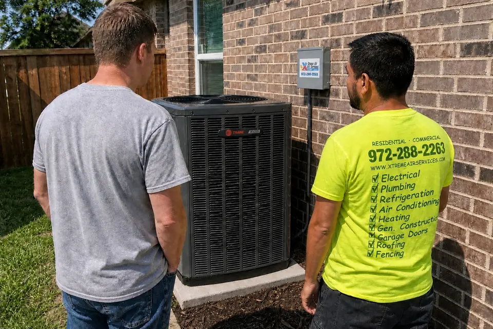 High-efficiency HVAC systems, Sunnyvale, TX Xtreme Air Services technician showing a homeowner a new high-efficiency Trane XV20i air conditioner beside their brick home, Sunnyvale, TX