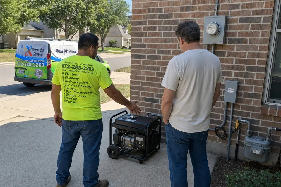 Portable generator as an alternative, Sunnyvale, TX Xtreme Air Services technician showing a homeowner a portable generator option beside a brick home in Sunnyvale, TX