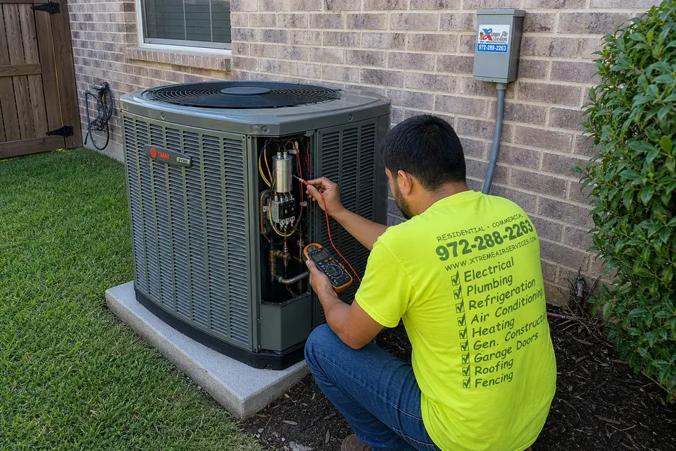 Xtreme Air Services technician testing the capacitor behind the corner service panel of a Trane air conditioner, Sunnyvale, TX