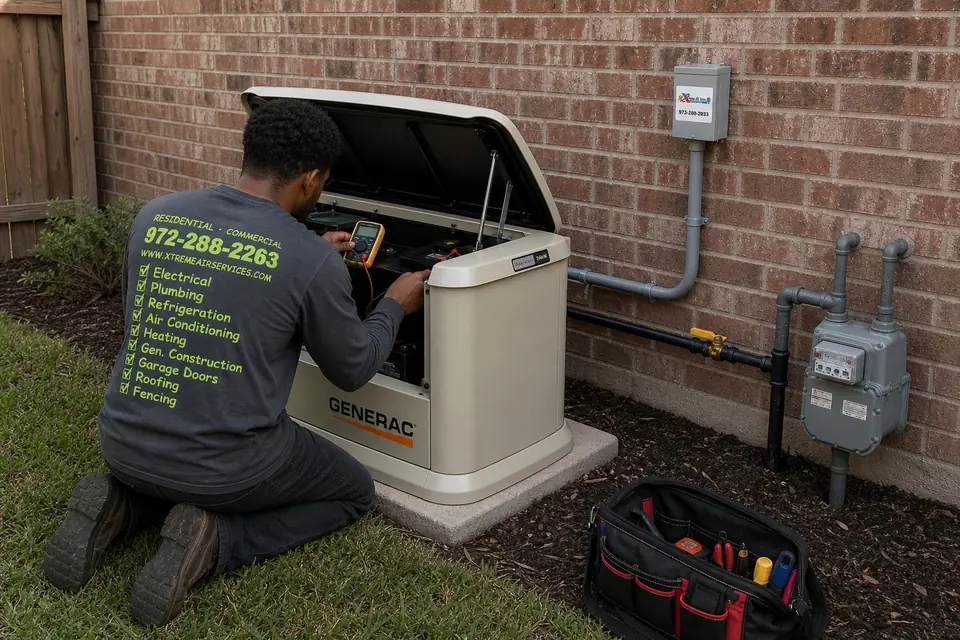 Generator annual service visit, Sunnyvale, TX Xtreme Air Services technician testing a Generac standby generator battery during an annual service visit in Sunnyvale, TX