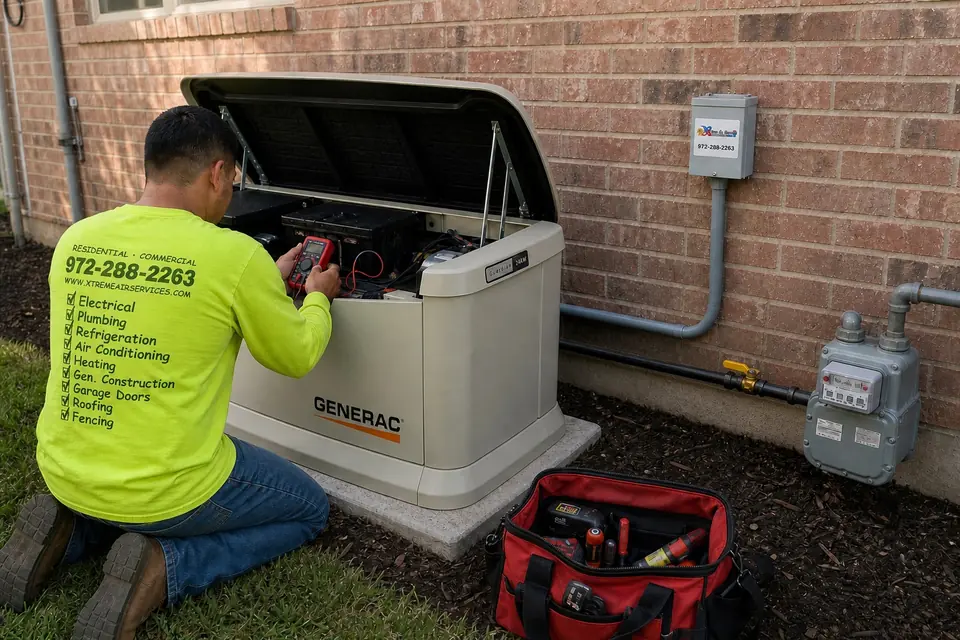 Xtreme Air Services technician testing a Generac standby generator's controls with a multimeter during a repair visit, Sunnyvale, TX