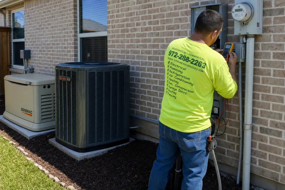 Generator vs. transfer switch failure, Sunnyvale, TX Xtreme Air Services technician testing a generator transfer switch beside the electric meter at a Sunnyvale, TX home