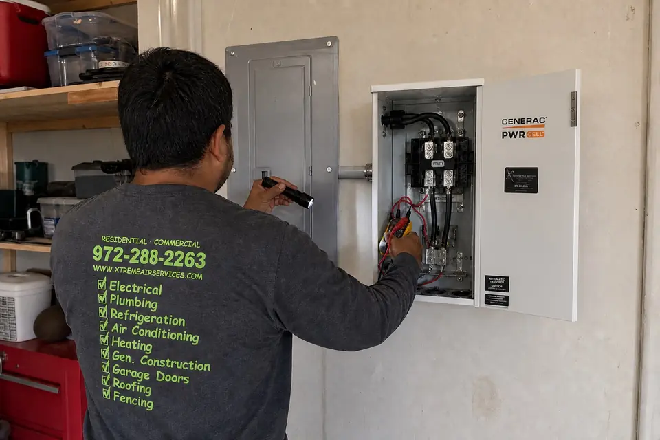 Xtreme Air Services technician testing an open Generac transfer switch beside the main panel in a garage with a flashlight and multimeter, Sunnyvale, TX