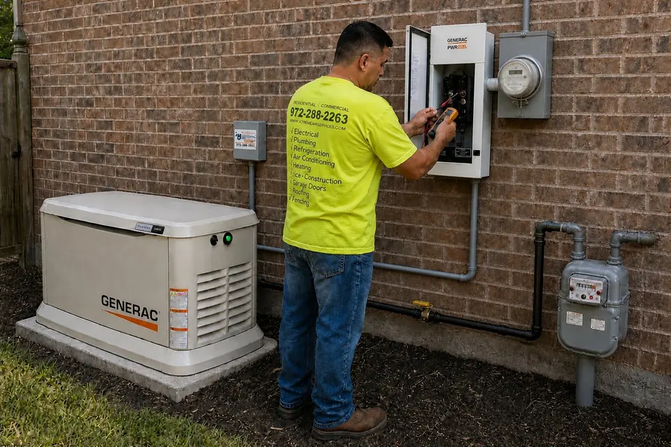 Generator runs but no power, Sunnyvale, TX Xtreme Air Services technician testing an outdoor transfer switch beside the electric meter while a Generac standby generator runs, Sunnyvale, TX
