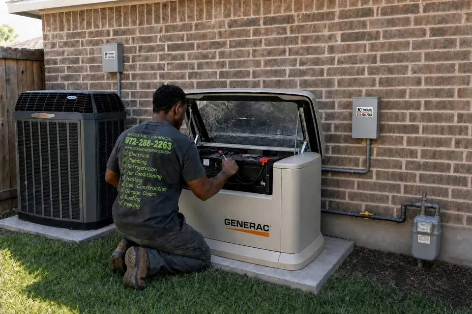 Standby generator maintenance, Sunnyvale, TX Xtreme Air Services technician tightening a battery terminal during standby generator maintenance in Sunnyvale, TX