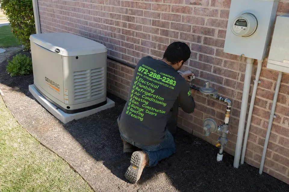 Xtreme Air Services technician tightening a fitting on a new gas line for a standby generator beside a brick home in Sunnyvale, TX