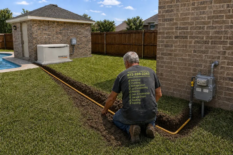 Xtreme Air Services technician laying a new gas line in a trench from the gas meter to a Generac standby generator beside a pool house, Sunnyvale, TX