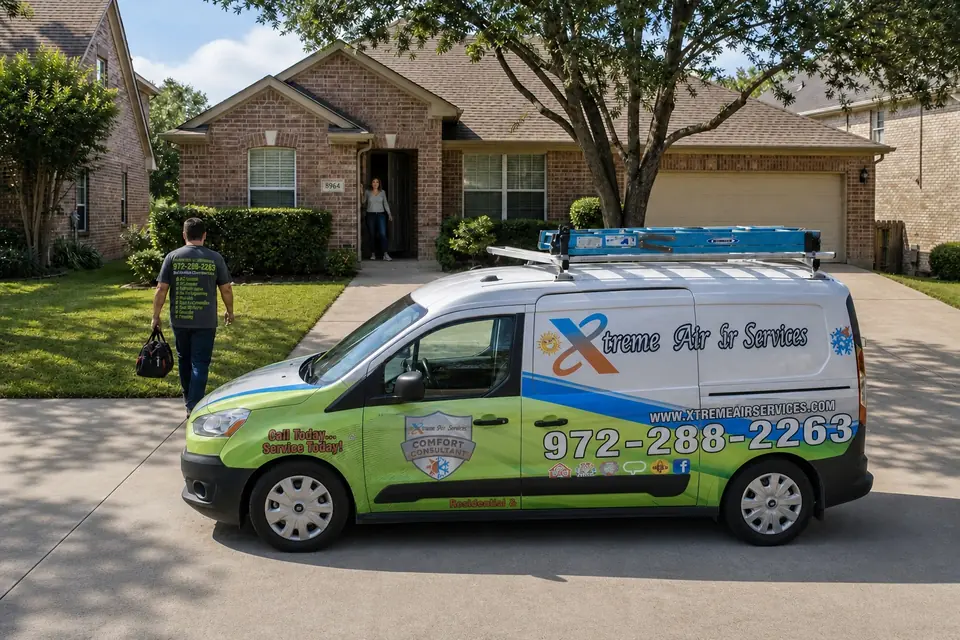 HVAC inspection visit, Sunnyvale, TX Xtreme Air Services van parked at the curb as the technician walks up to the home where the homeowner waits at the door, Sunnyvale, TX