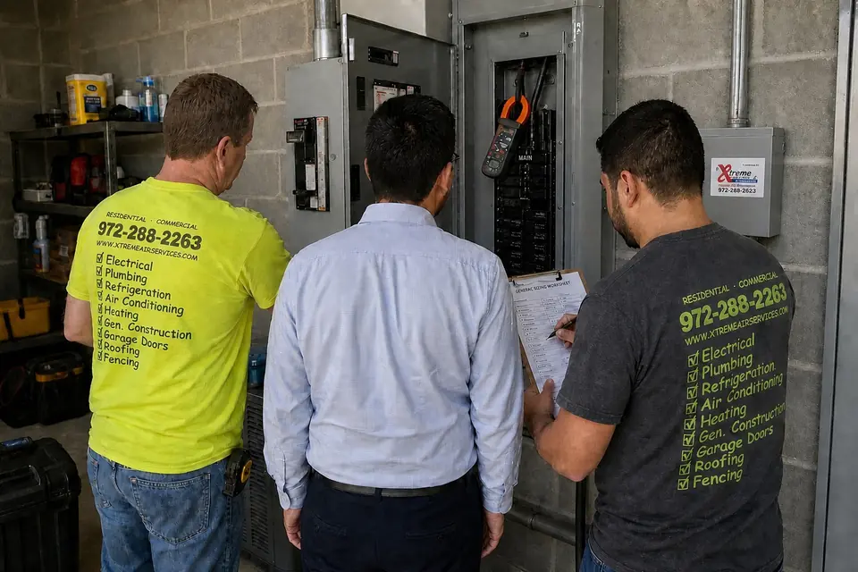Commercial generator site assessment, Sunnyvale, TX Two Xtreme Air Services technicians and a building manager at a commercial electrical panel, clamp meter on a feeder, sizing a generator, Sunnyvale, TX