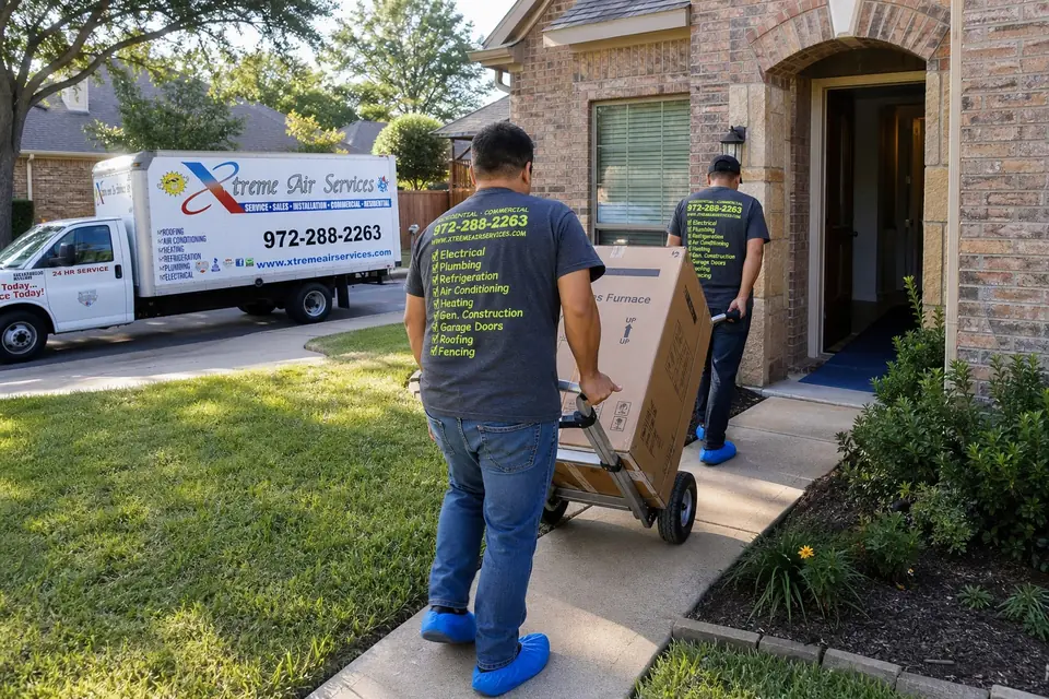 What to expect on installation day, Sunnyvale, TX Xtreme Air Services technicians in shoe covers wheeling a new furnace up the walk on a dolly, company box truck at the curb, Sunnyvale, TX