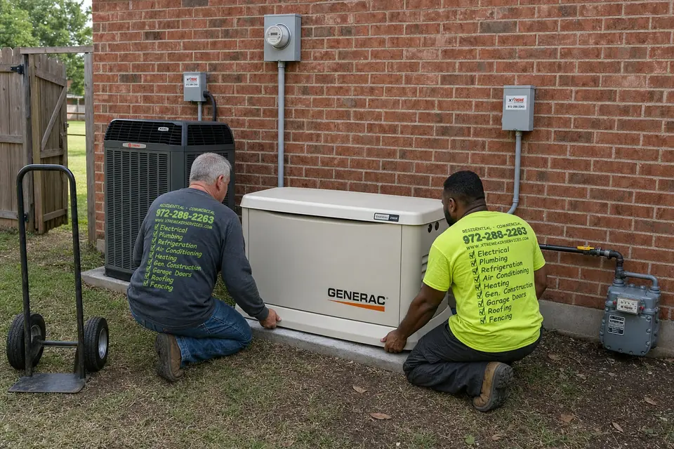 Setting a standby generator on its pad, Sunnyvale, TX Two Xtreme Air Services technicians setting a Generac standby generator on its pad in a fenced backyard in Sunnyvale, TX