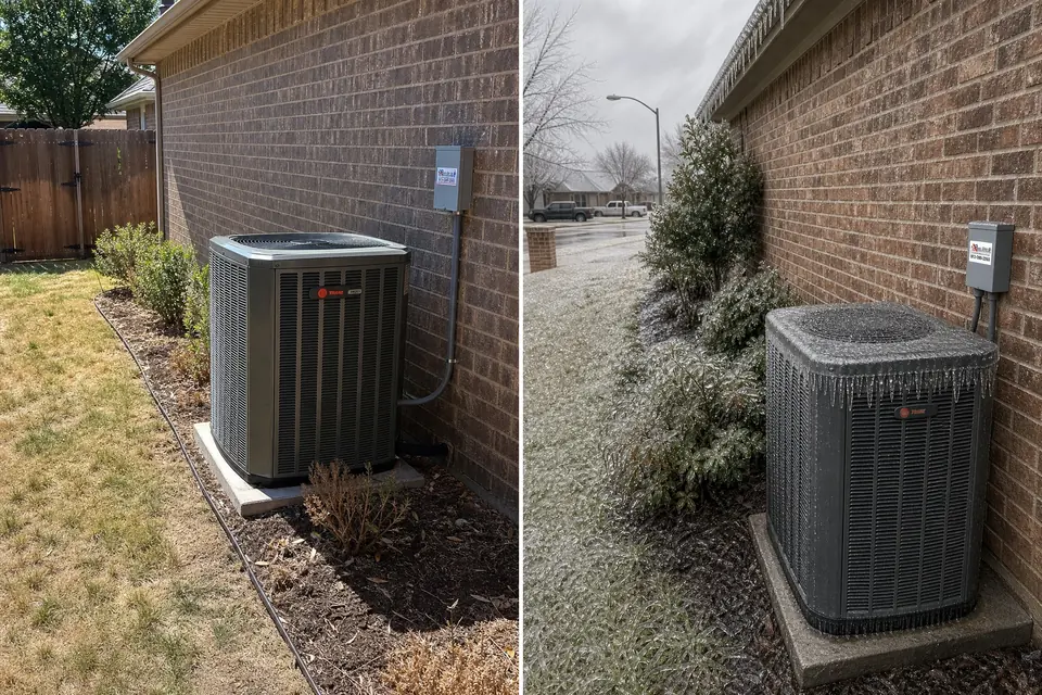 Heat and freeze seasons, Sunnyvale, TX Split view of a Trane air conditioner beside a brick home in North Texas summer heat and coated in ice in a winter storm, Sunnyvale, TX
