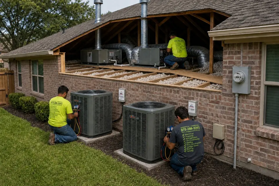 Multi-system homes and per-unit pricing, Sunnyvale, TX Attic cutaway of a two-system home as three Xtreme Air Services technicians service both furnaces and both Trane AC units, Sunnyvale, TX
